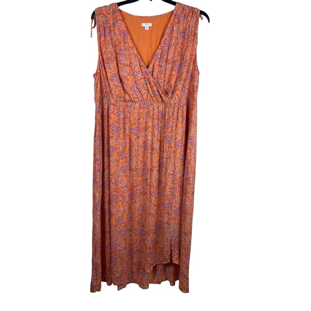 J. Jill 2X Orange Paisley Sleeveless Midi Dress Sheer Lined Boho Empire Waist